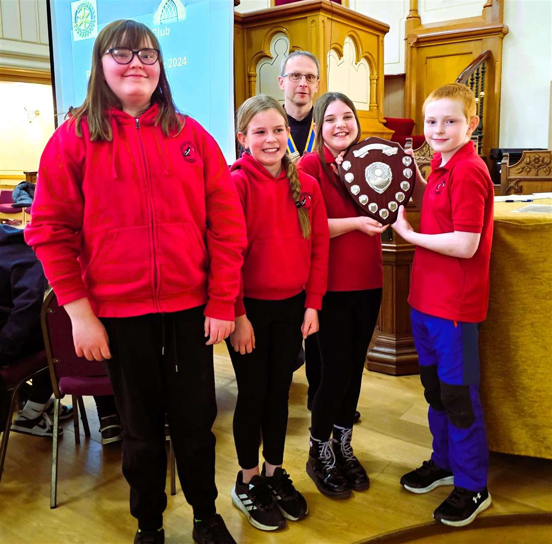 Castletown Primary School winners with their shield. Rotary president Derek Sinclair is pictured behind the team. Pictures supplied