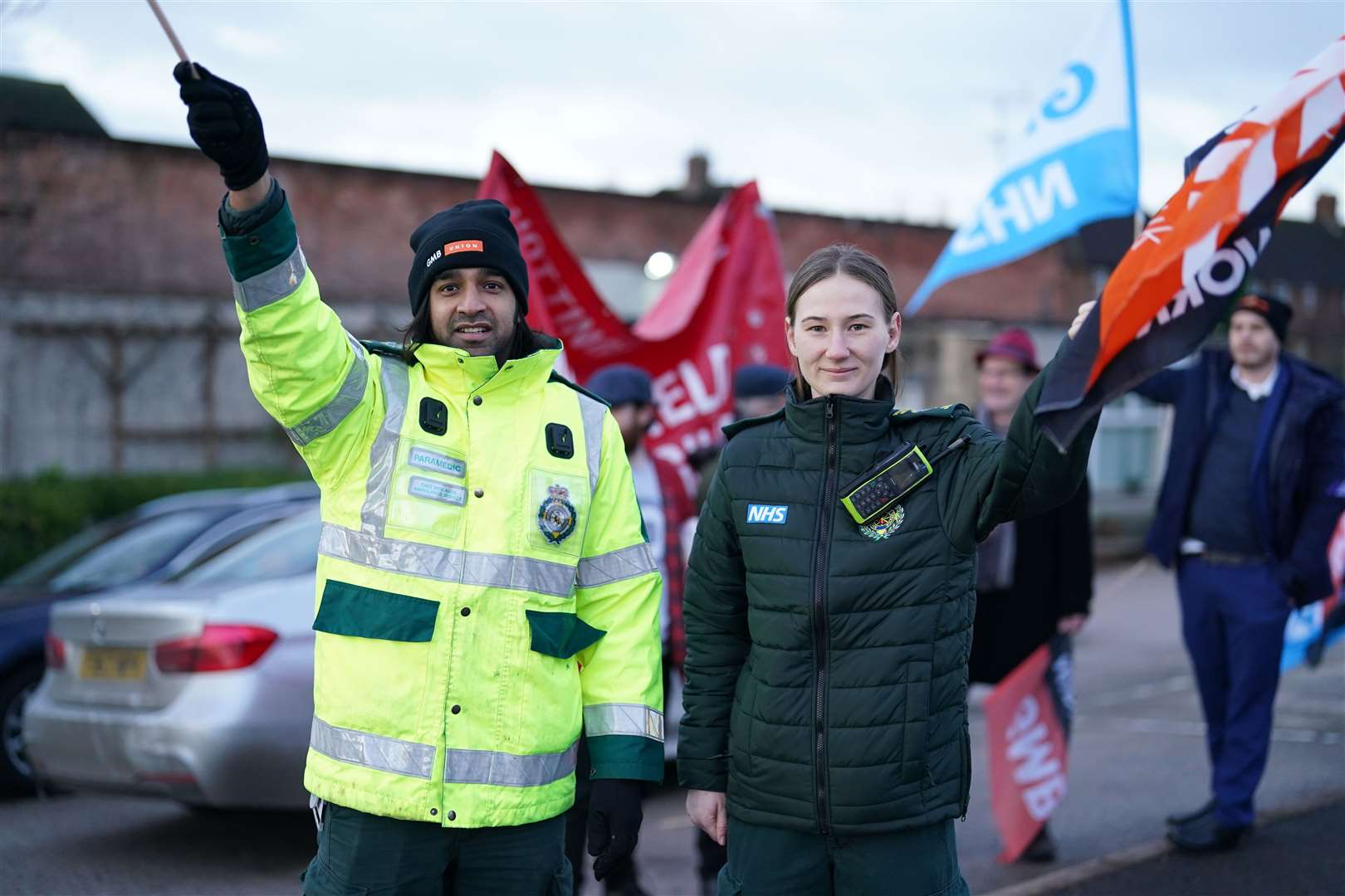 Ambulance workers on the picket line outside Beechdale ambulance station in Nottingham (Jacob King/PA)