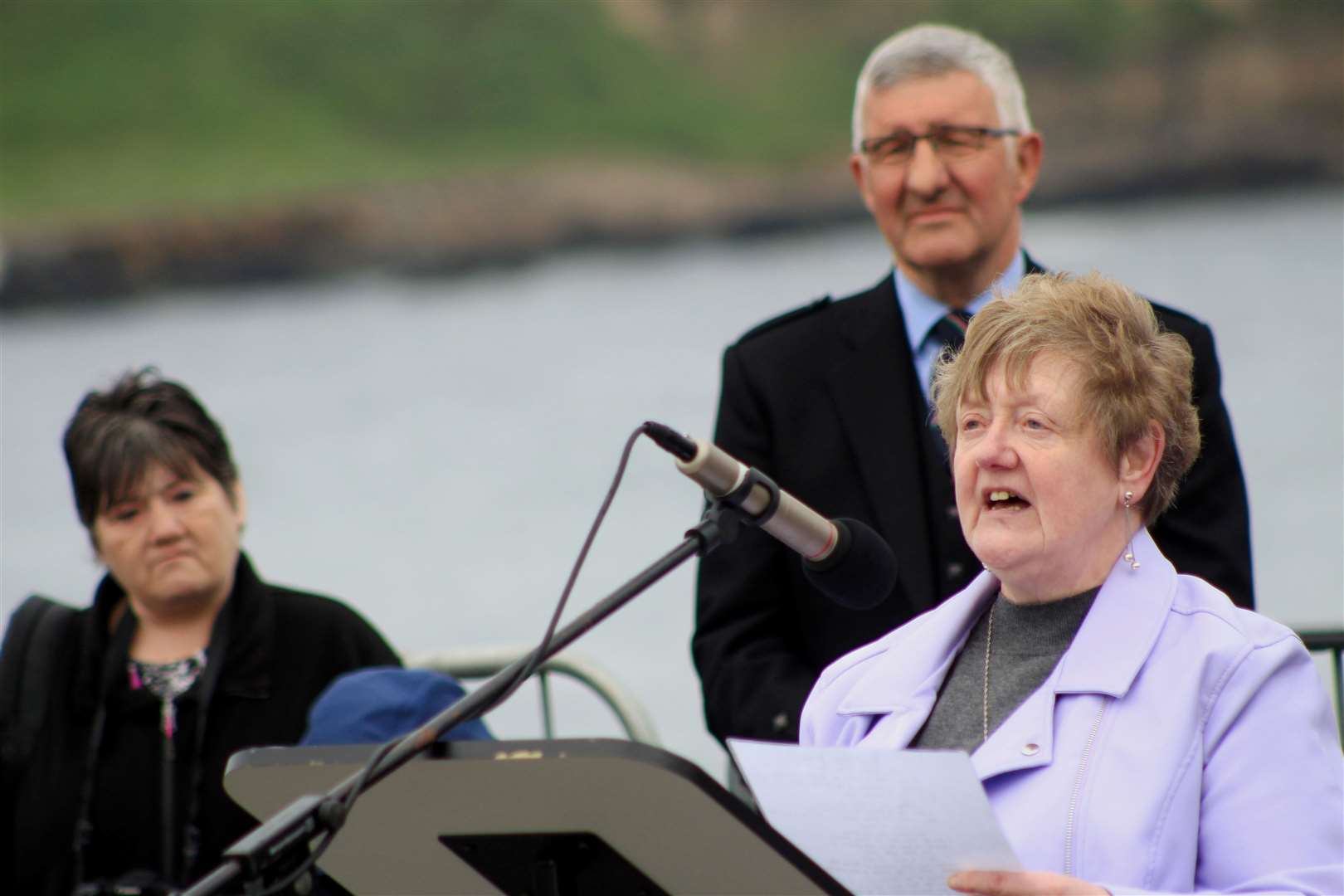 Jenny Szyfelbain reciting a poem during the Seafarers Memorial event at the Braehead in May 2023. She will also be involved in National Fishing Remembrance Day. Picture: Alan Hendry
