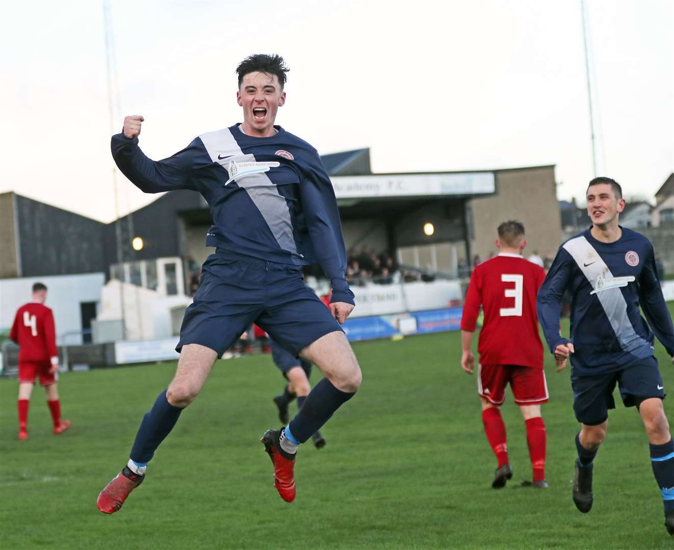 Kyle Henderson jumps for joy after scoring Halkirk United's first-half equaliser in the Football Times Cup final. However, it was Thurso who lifted the trophy after a penalty shoot-out. Picture: James Gunn
