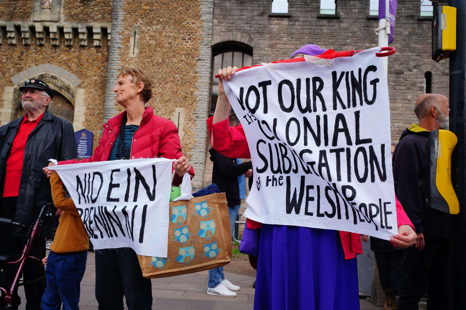 Protests at the Accession Proclamation Ceremony at Cardiff Castle last September (Ben Birchall/PA)