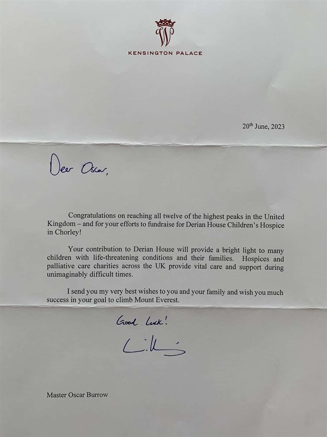 Oscar Burrow’s letter from Kensington Palace (Matt Burrow/PA)
