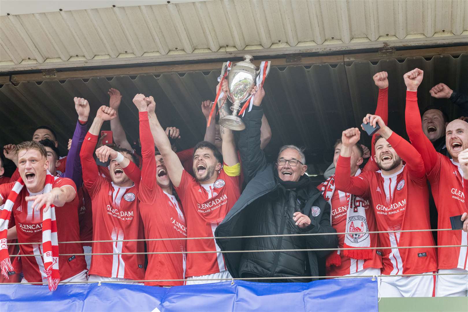 Brechin City lifting the Highland League trophy after their last-day victory over Buckie Thistle at Victoria Park. Picture: Beth Taylor