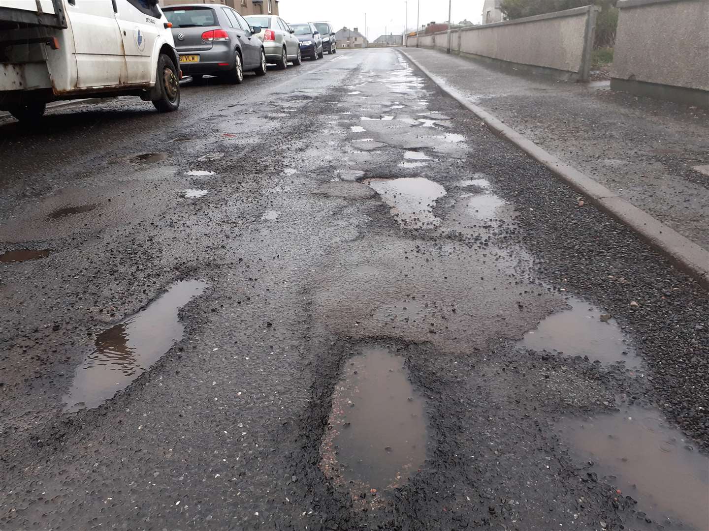 Potholes in Glamis Road, Wick, close to Noss Primary School. Picture: CRR