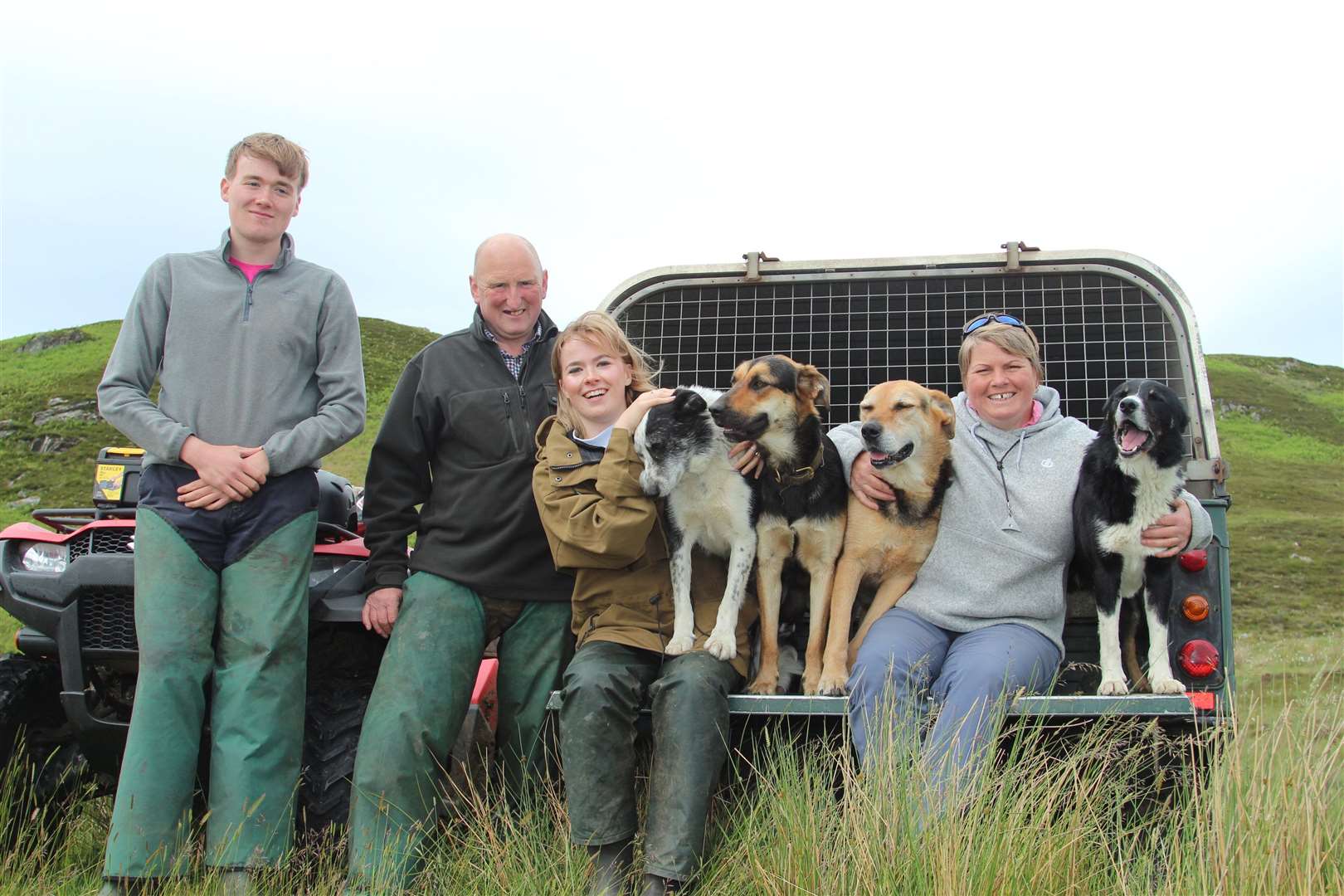 Joyce (right) during filming of This Farming Life, along with her nephew Mure (left), husband Ian and niece Frances, as well as the farm dogs. Each episode features the highs and lows of six farming families as they strive to future-proof their businesses, raise strong, healthy stock and safeguard their farms for the next generation. Picture: Caroline Jones