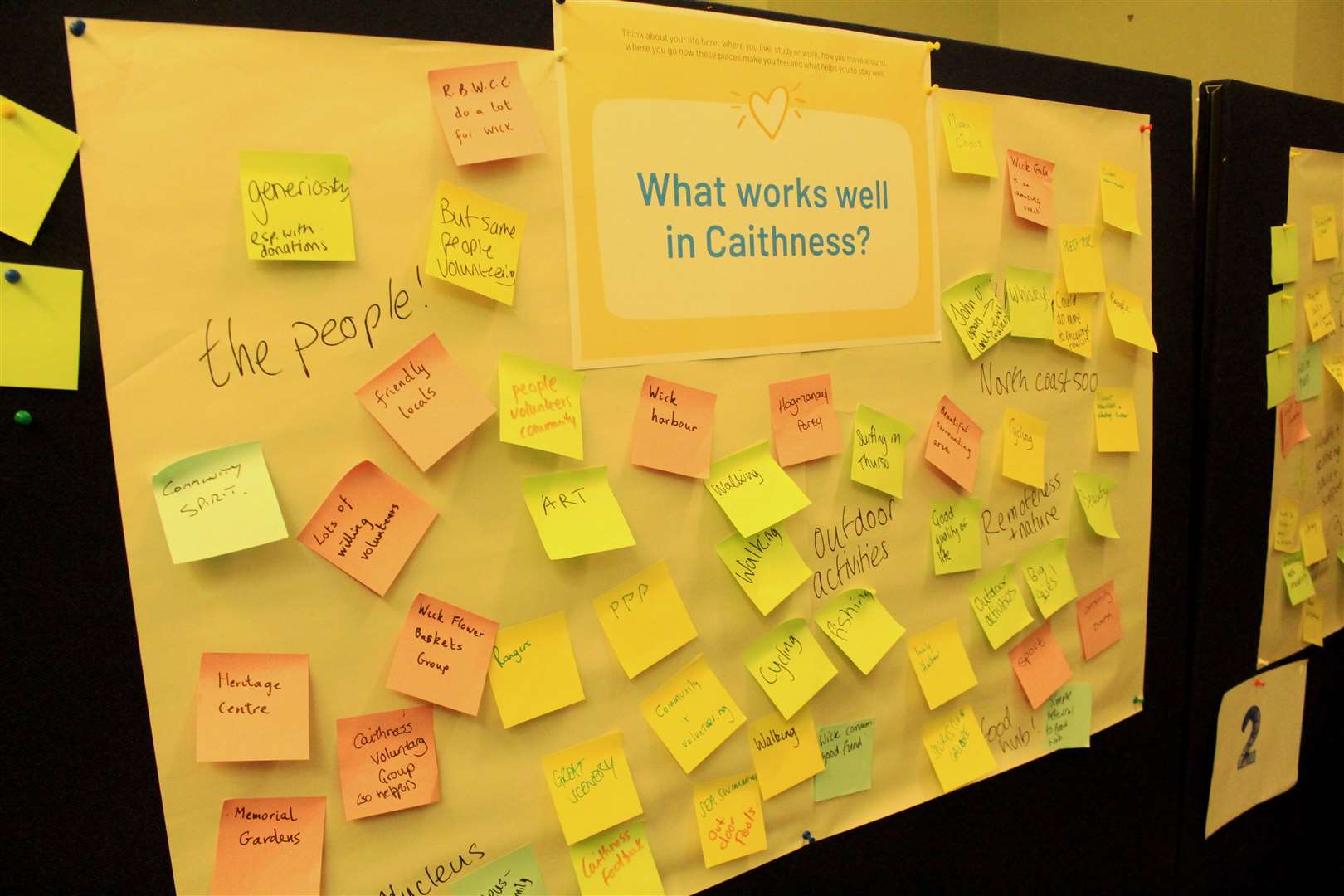 A board full of sticky notes on 'what works well in Caithness'.