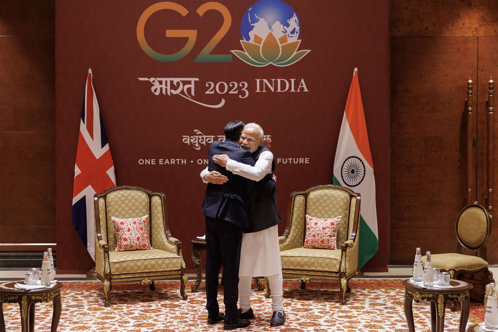 Prime Minister Rishi Sunak hugs his Indian counterpart, Narendra Modi, during the G20 summit in New Delhi this month (Dan Kitwood/PA)