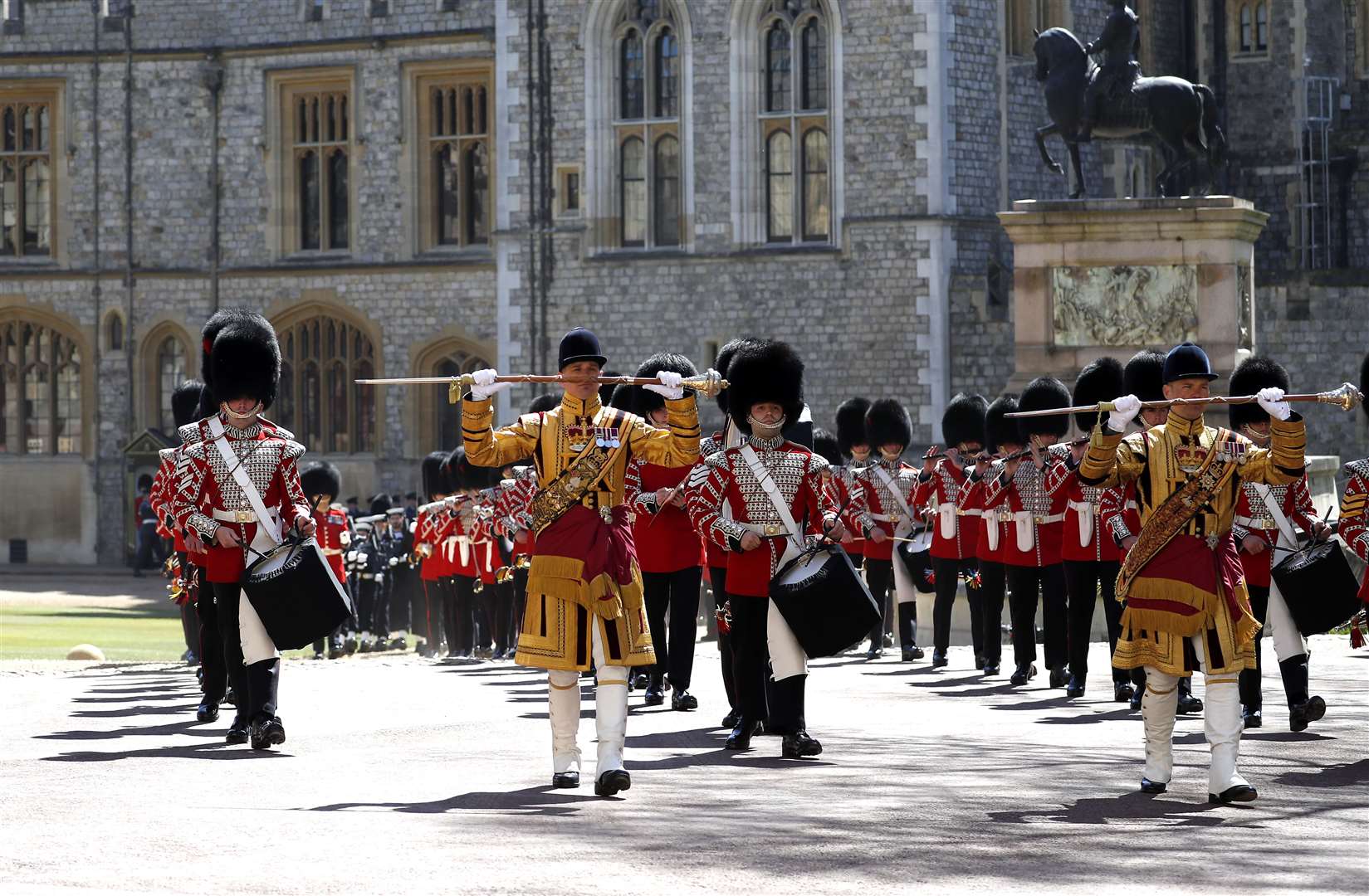 The Foot Guards Band march ahead of the funeral of the Duke of Edinburgh at Windsor Castle (Alastair Grant/PA)