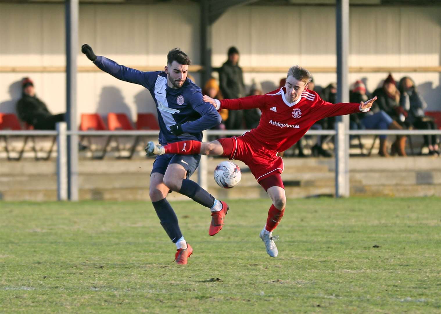 Halkirk United's Ryan Sutherland (left) and Thurso striker Cameron Montgomery compete for the ball. Picture: James Gunn