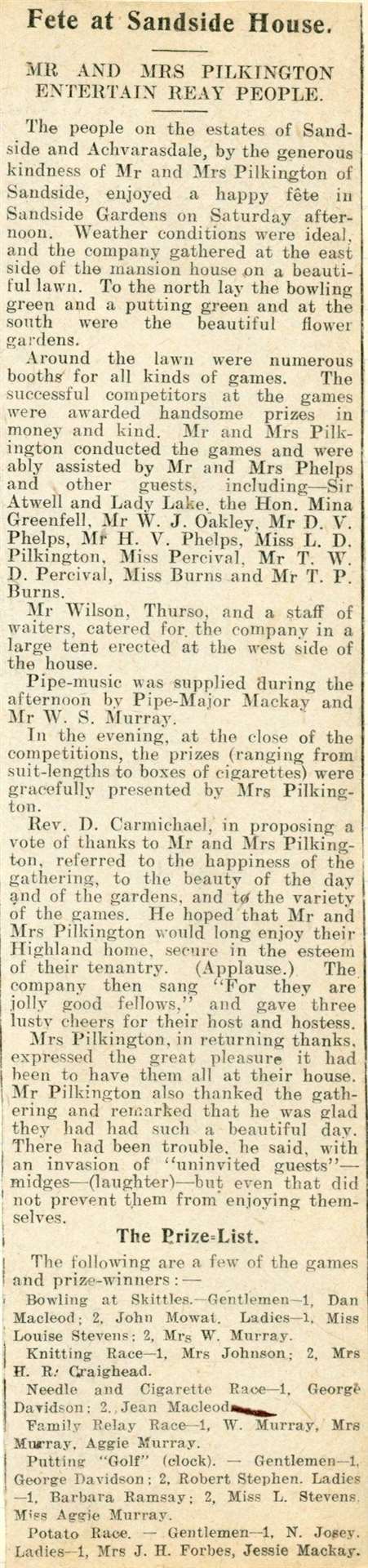 Cutting from the John O’Groat Journal of Friday, September 9, 1927, regarding a fete at Sandside House where the Pilkingtons entertained the people of Reay.