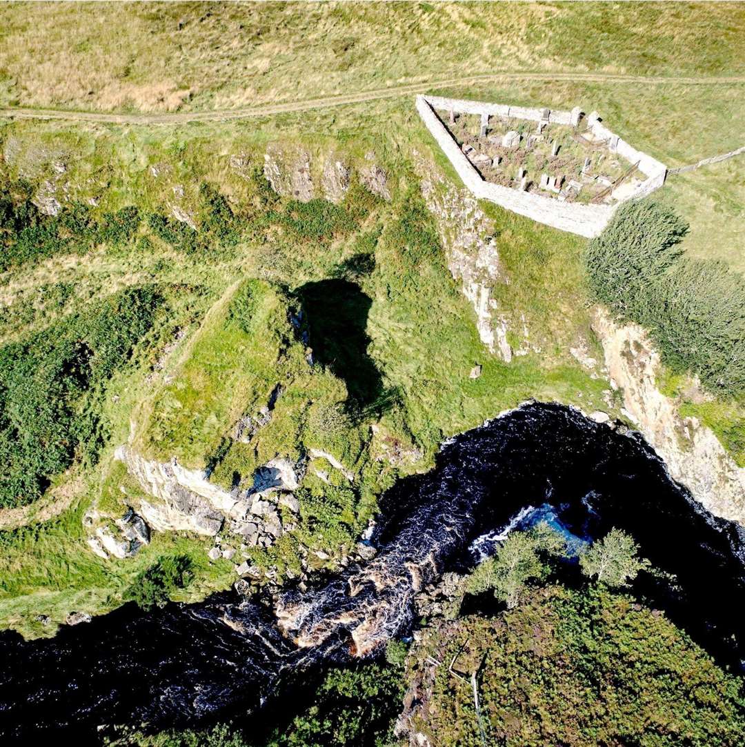 This aerial view of Dirlot shows the pentagonal shaped cemetery and to the left and below it the plateau on which the castle once stood. Pictures: Angus Mackay