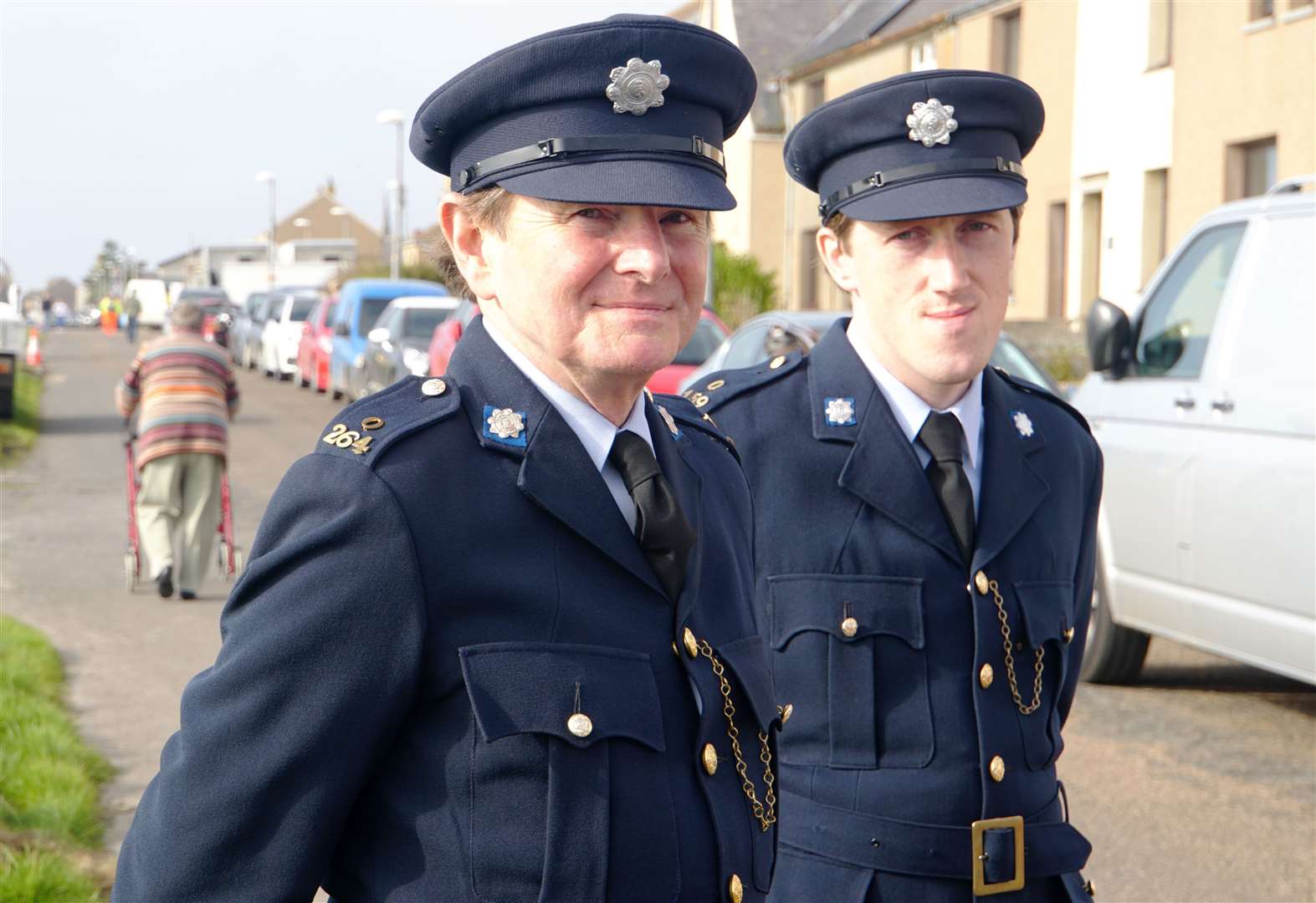 Two of the actors who were waiting by Keiss harbour on Sunday for The Crown film shoot. They were playing Irish Garda police officers for the scene recreating Lord Mountbatten's assassination. Pictures: DGS