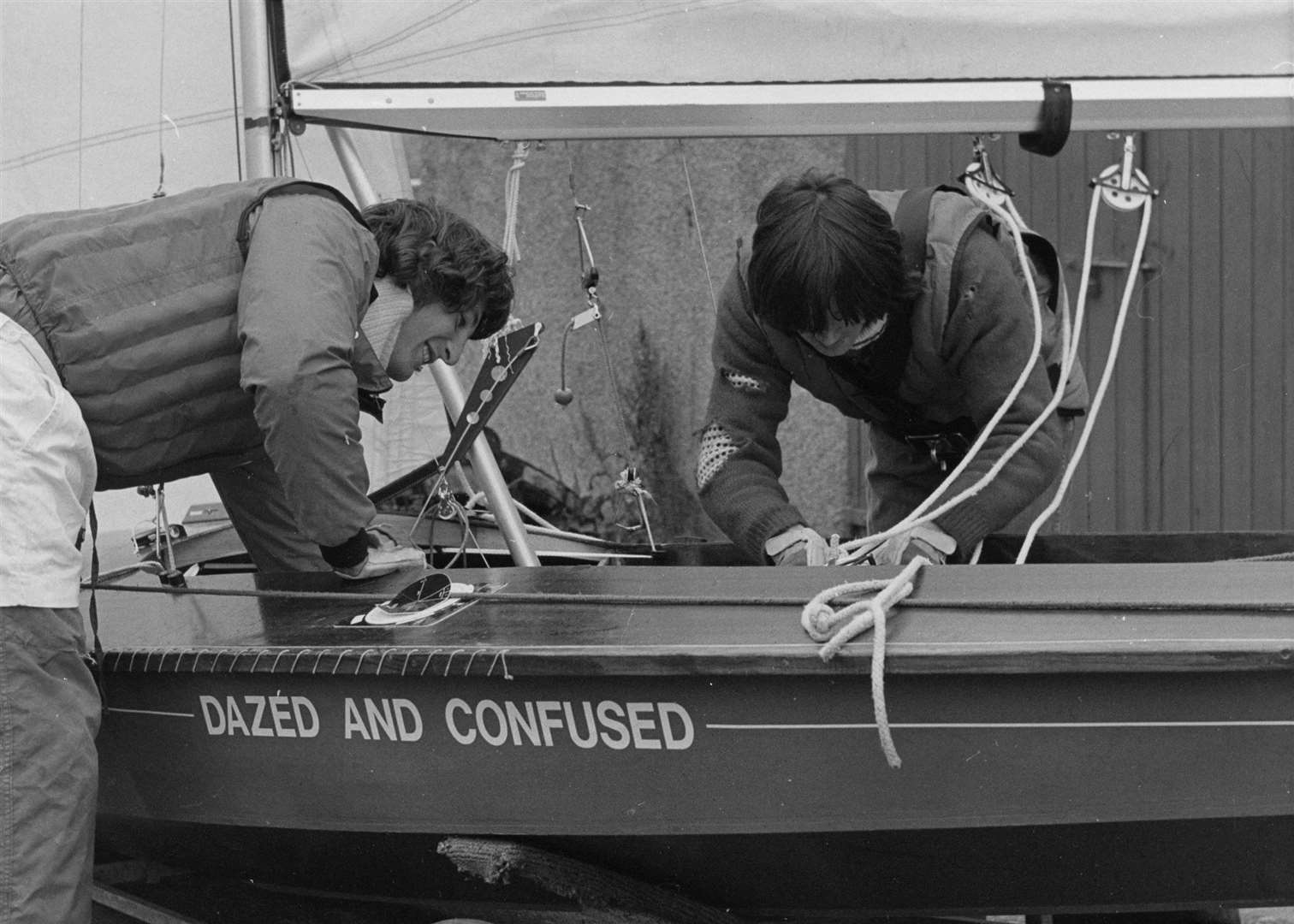 Dinghy sailing instructors Steven Taylor (left) and Colin Tait in 1978 with a yacht called Dazed and Confused. Jack Selby Collection / Thurso Heritage Society