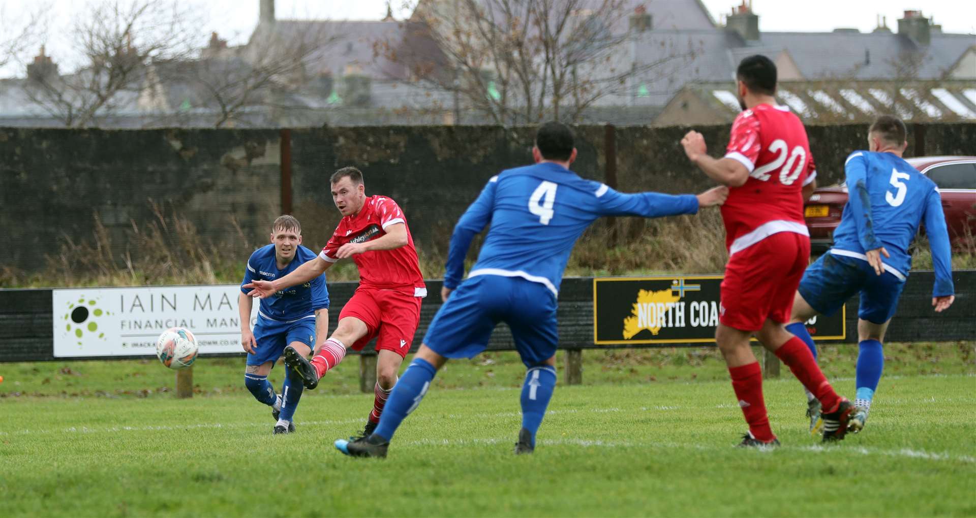 Thurso defender Allan Munro fires a shot that was saved by keeper Leo Shearer during the recent home against Golspie. Picture: James Gunn