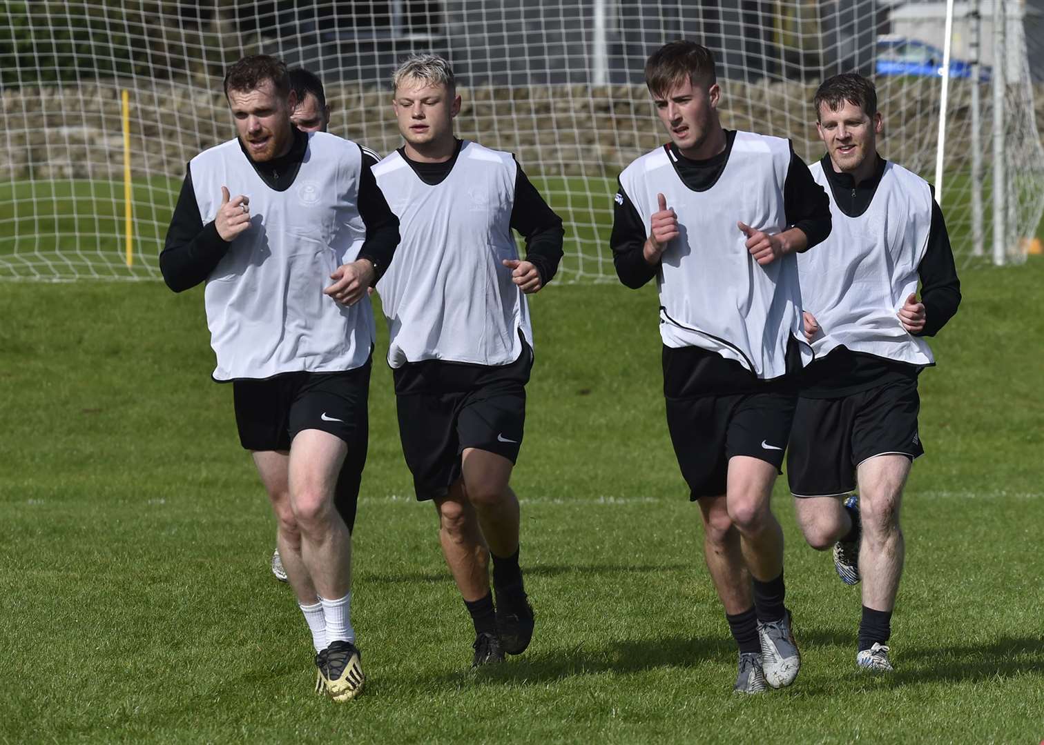 Some of the Wick Academy players on their return to training at the weekend – Craig Gunn, Jack Halliday, Grant Aitkenhead and Davie Allan. Picture: Mel Roger