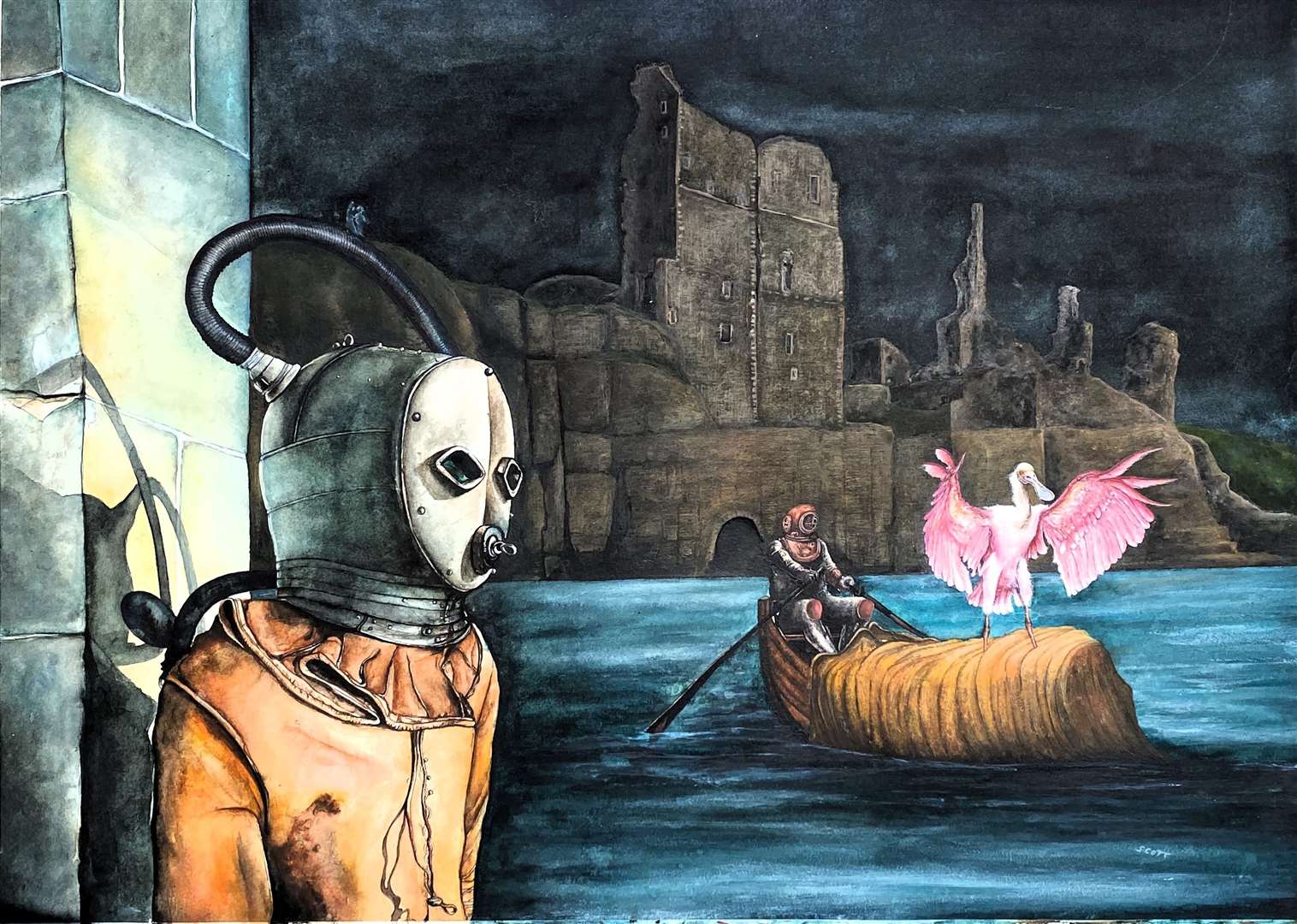 Ian's watercolour painting 'Sinclair and Girnigoe Resurgam' was picked for a prestigious international art competition in Italy. Currently on display at the Fabriano museum biennale, Ian's painting of Sinclair-Girnigoe Castle contains fantastical and allegorical elements.