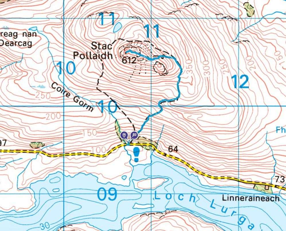 Stac Pollaidh route to summit. ©Crown copyright 2024 Ordnance Survey. Media 034/24.