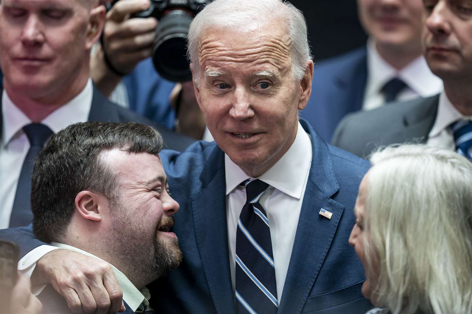 US president Joe Biden embraces James Martin, who starred in the recent Oscar winning short film An Irish Goodbye, as he visits Ulster University in Belfast (Aaron Chown/PA)