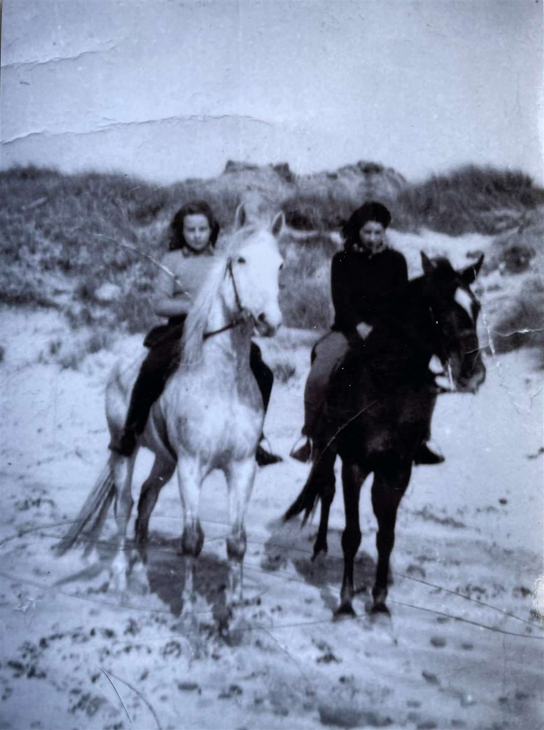 Susan (left) and sister Georgina on horses at Dunnet Sands in their younger days.