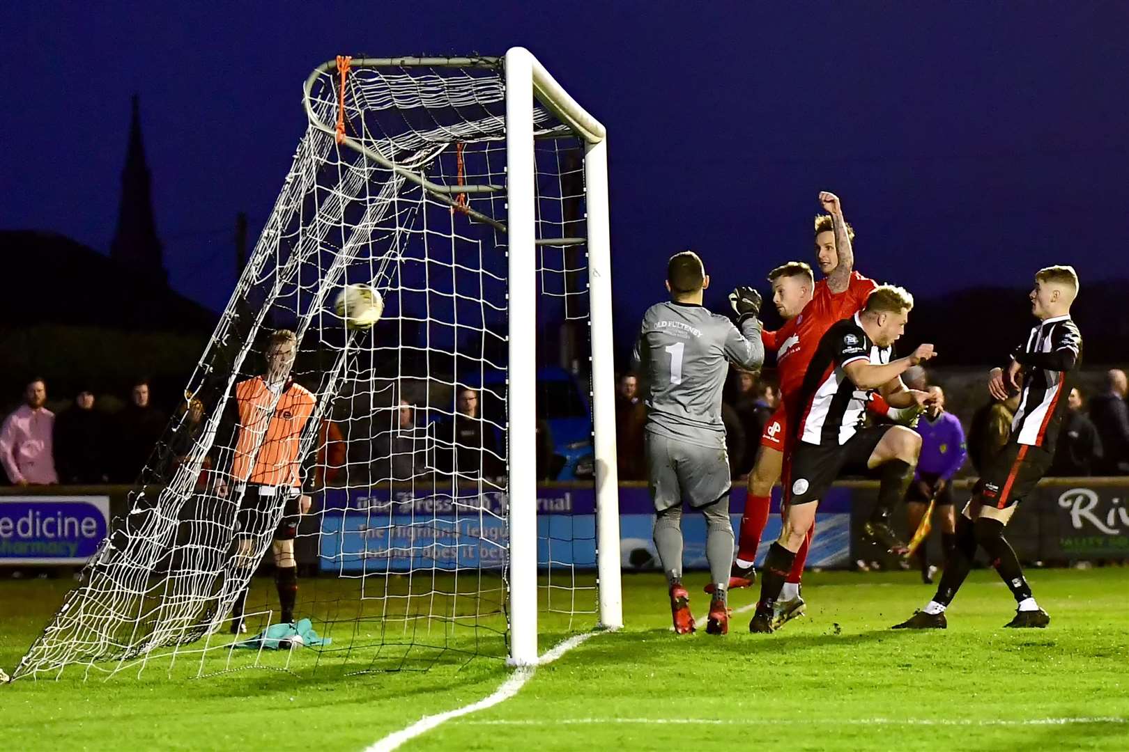 Gary Oliver put Falkirk 3–0 up with this header past Scorries stopper Graeme Williamson. Picture: Mel Roger