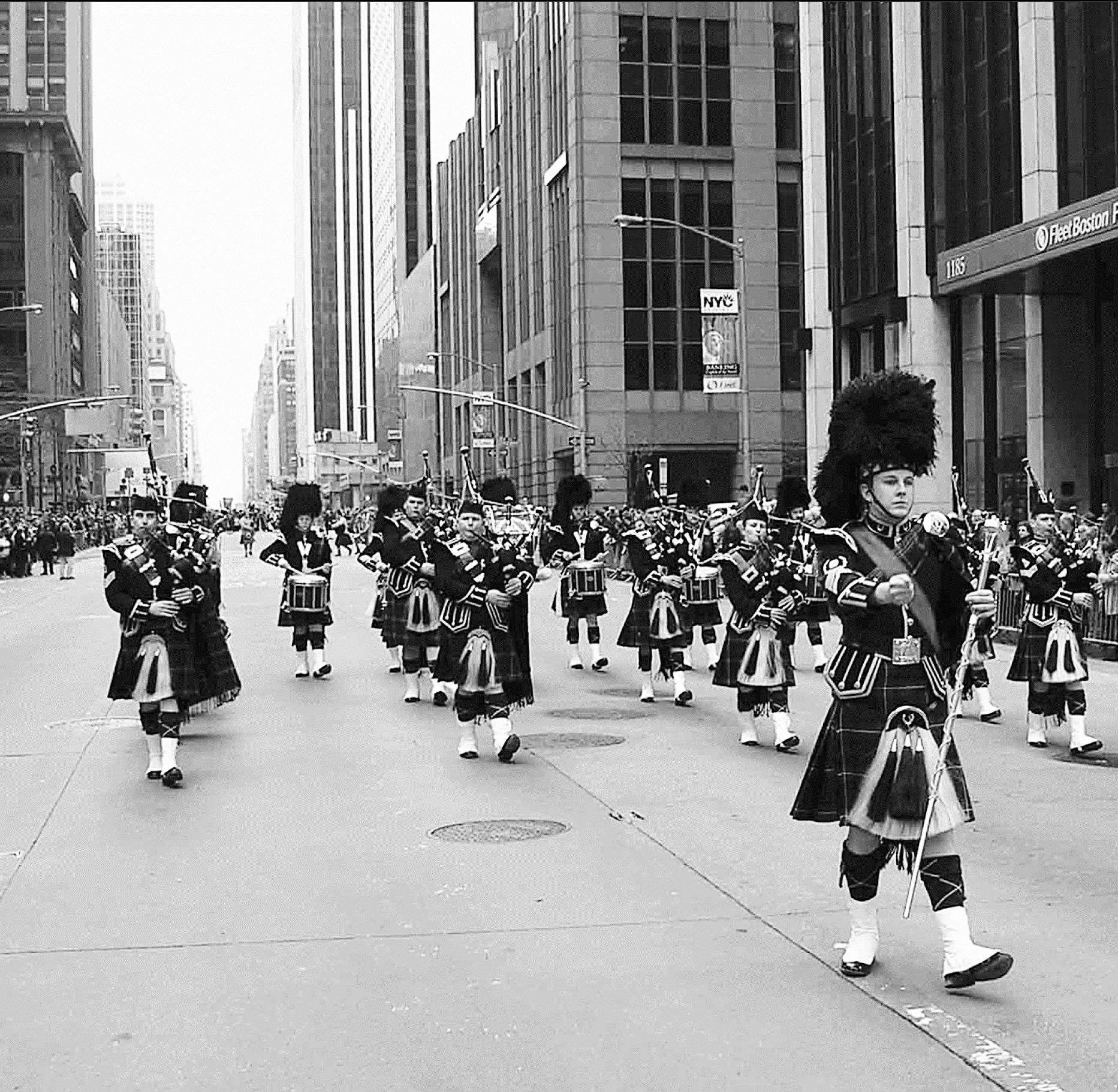 Thurso Pipe Band marching through New York during the city's Tartan Week celebrations in April 2004. The picture was taken by Graham Spence. There were 45 pipe bands in the parade.