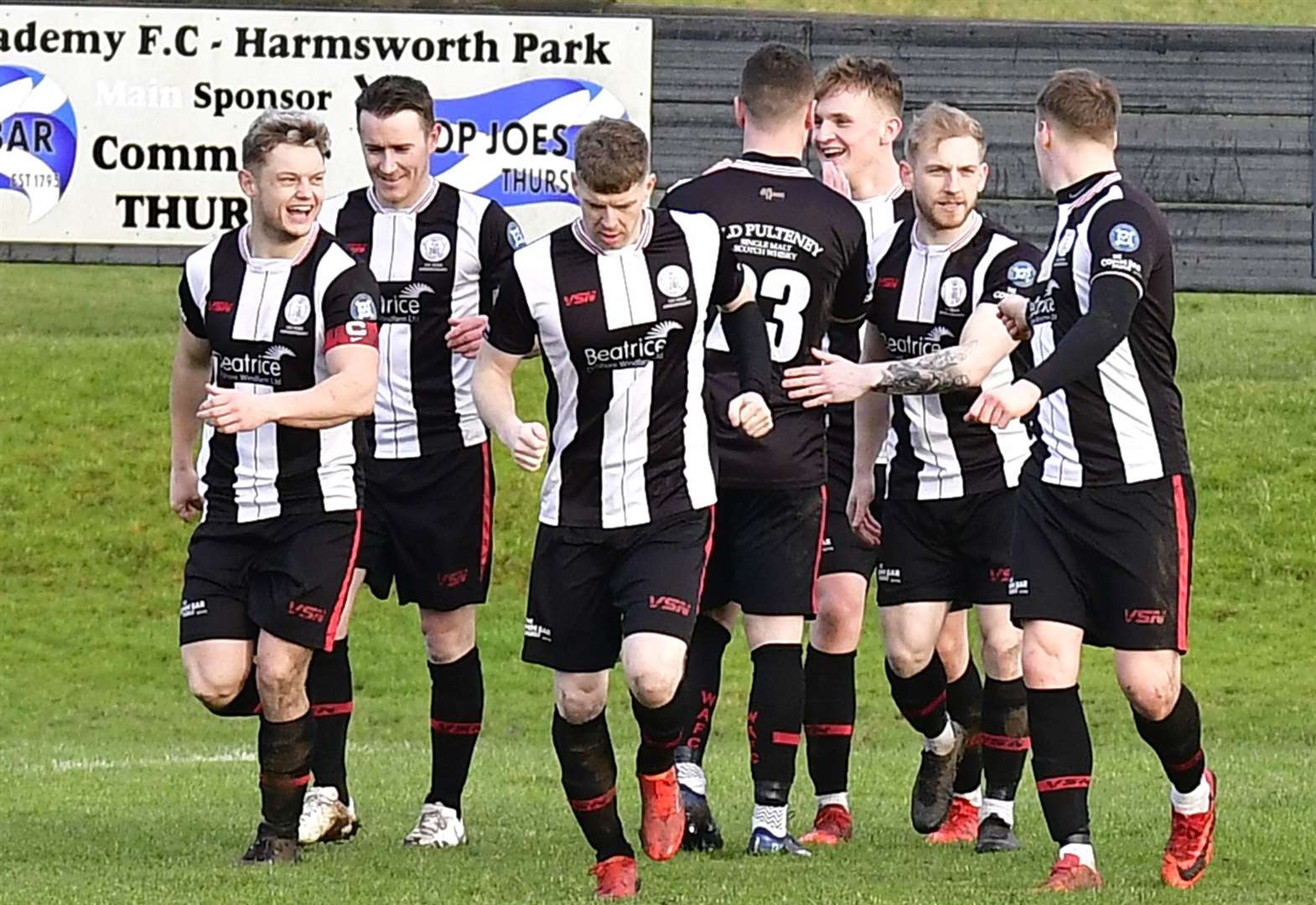 Wick Academy players celebrate Mark Macadie's goal early in the second half against Fort William last Saturday. Picture: Mel Roger