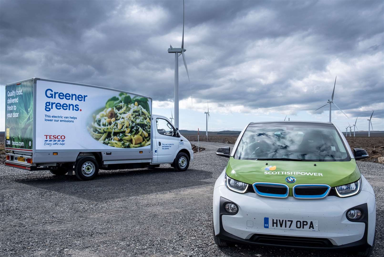 Tesco and ScottishPower Renewables vehicles at the Halsary wind farm site, south of Spittal.