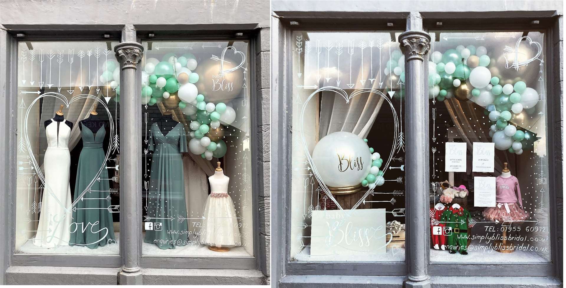 This composite image shows the Wick High Street shop as a bridal boutique one day, at left, and then as a children's clothing outlet the next day, as seen on the right.