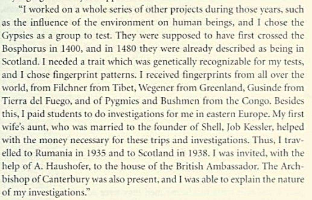 Wolfgang Abel talks about his racial studies and his visit to the UK in this screenshot from page 141 of Muller-Hill, B. (1998) Murderous Science: Elimination by Scientific Selection of Jews, Gypsies and Others, Germany 1933 -1945, Oxford University Press.