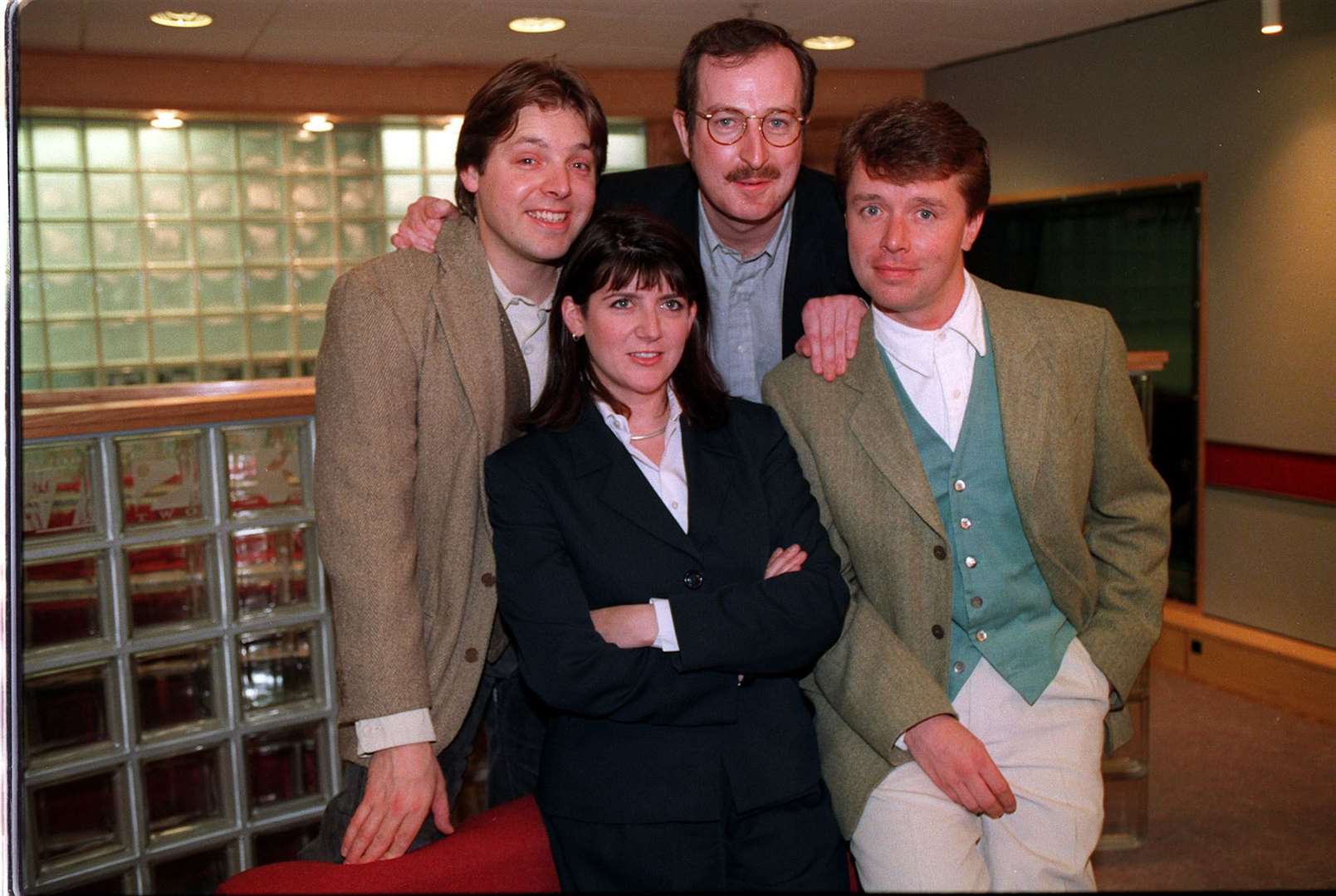Mark Goodier, Emma Freud, Steve Wright and Nicky Campbell in 2002 (Fiona Hanson/PA)