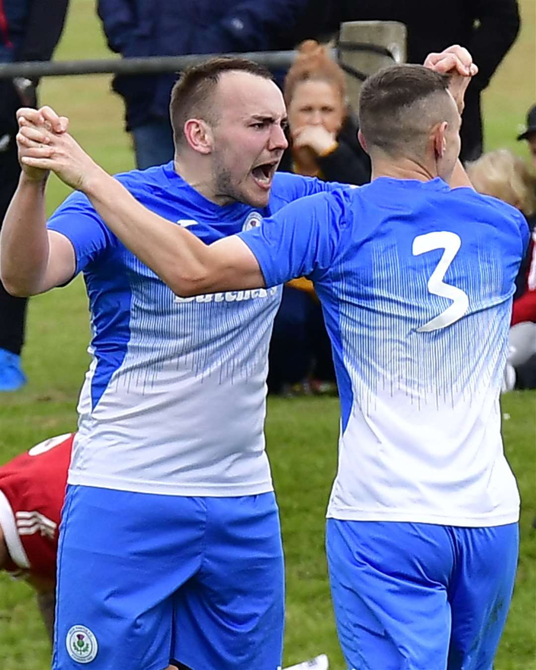 Goalscorer Owen Harrold (left) with his brother Lewis after equalising for Thistle. Picture: Mel Roger