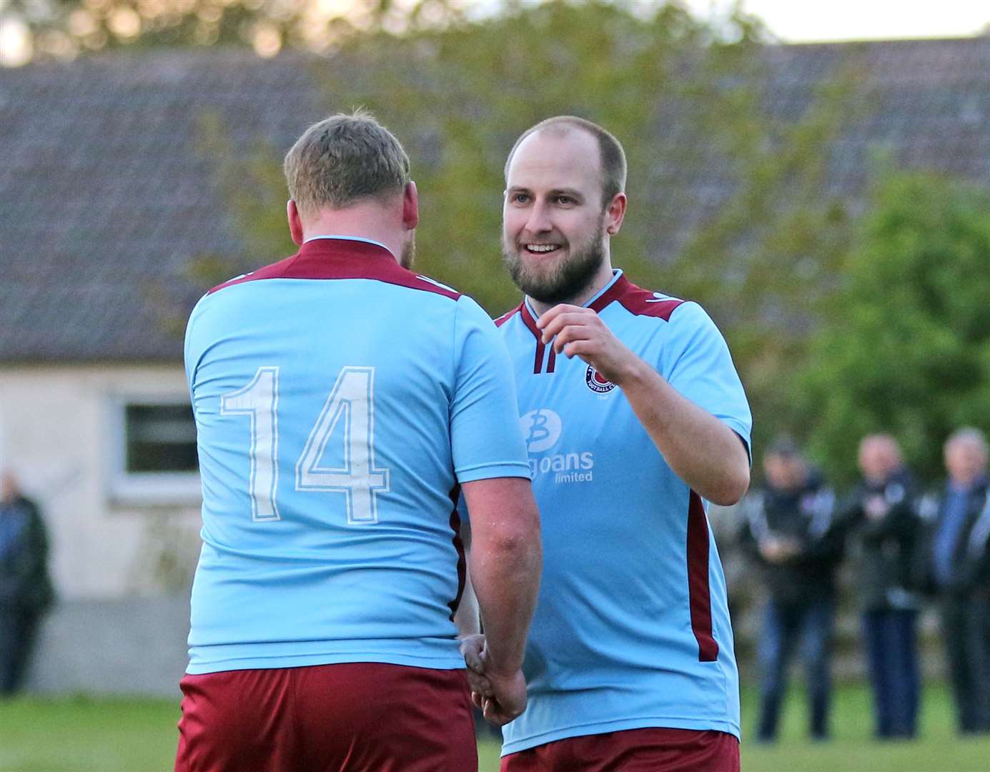 James Murray (left) congratulates Murray Mackintosh on scoring the fourth goal for Pentland United. Picture: James Gunn