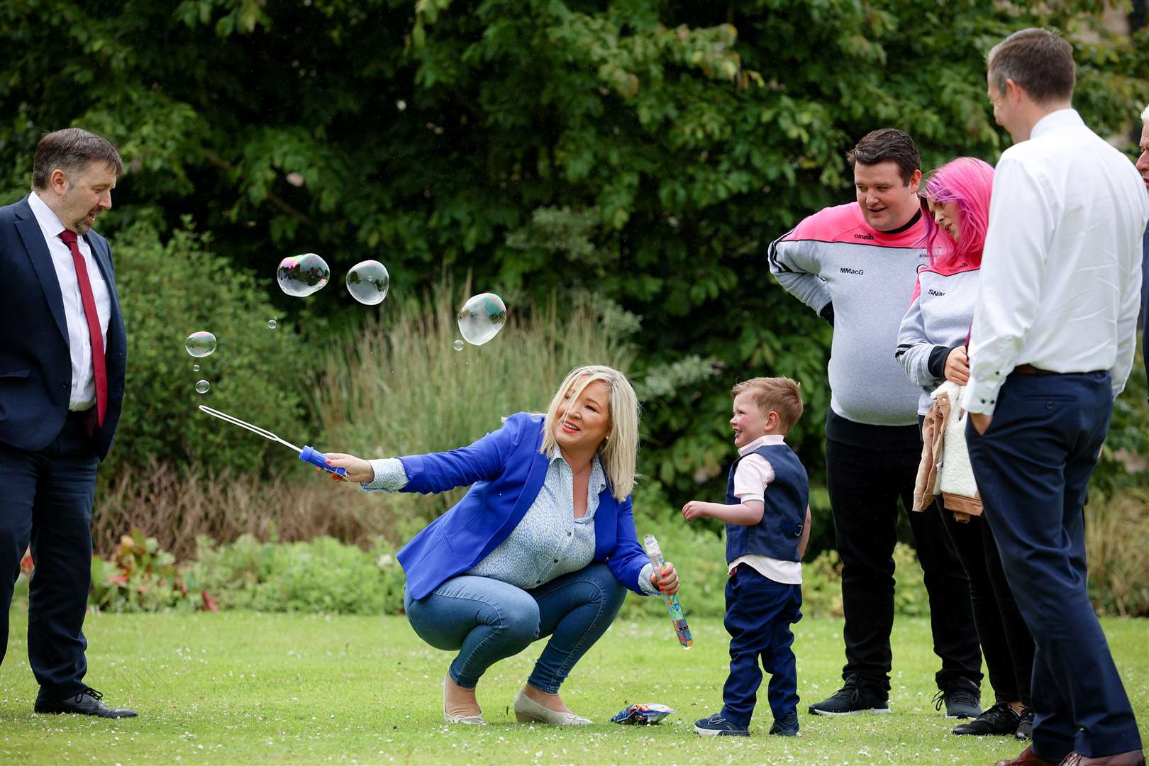 Daithi MacGabhann, with father Mairtin and his partner Seph Ni Mheallain, meeting Health Minister Robin Swann, deputy First Minister Michelle O’Neill and First Minister Paul Givan at Stormont Castle (Northern Ireland Assembly/PA)