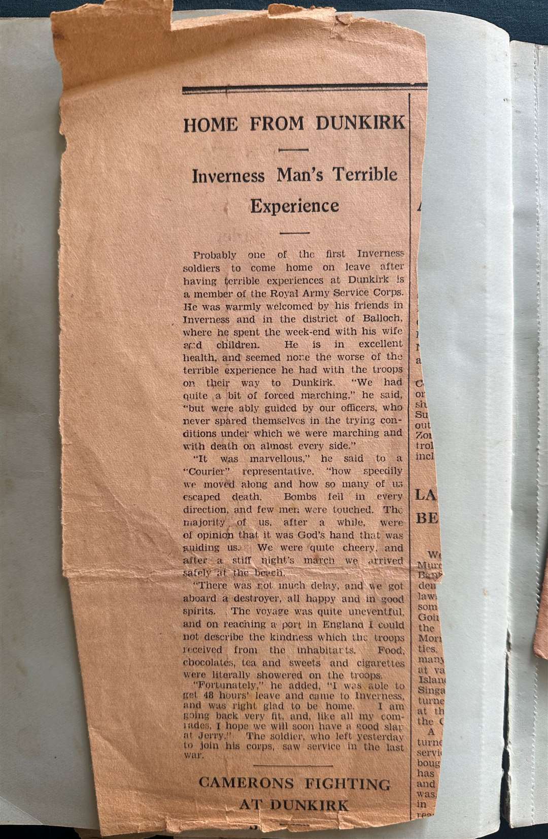 Newspaper clipping of David's experience in Dunkirk, written when he returned home to Inverness.