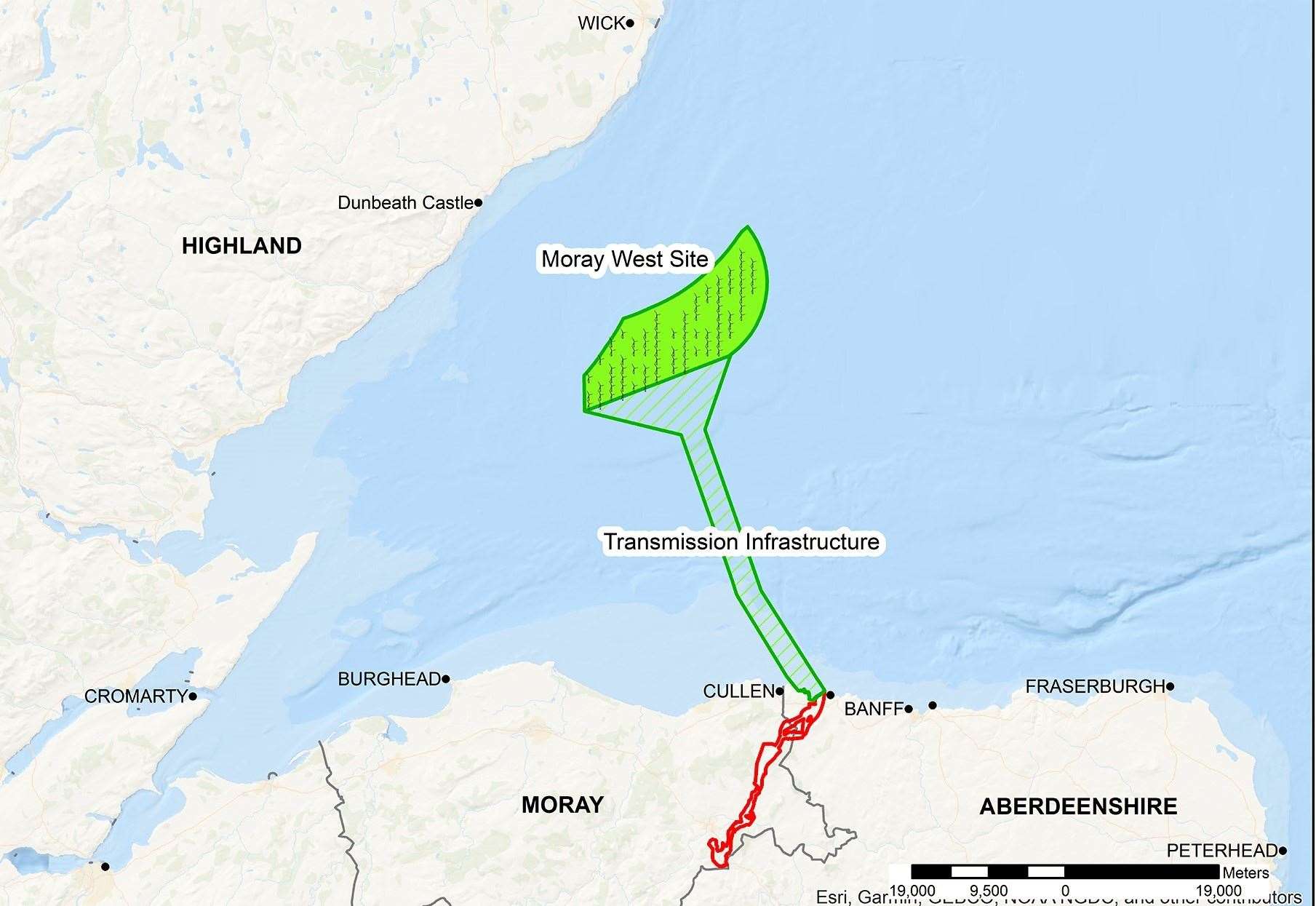 Map showing Moray West offshore windfarm site.
