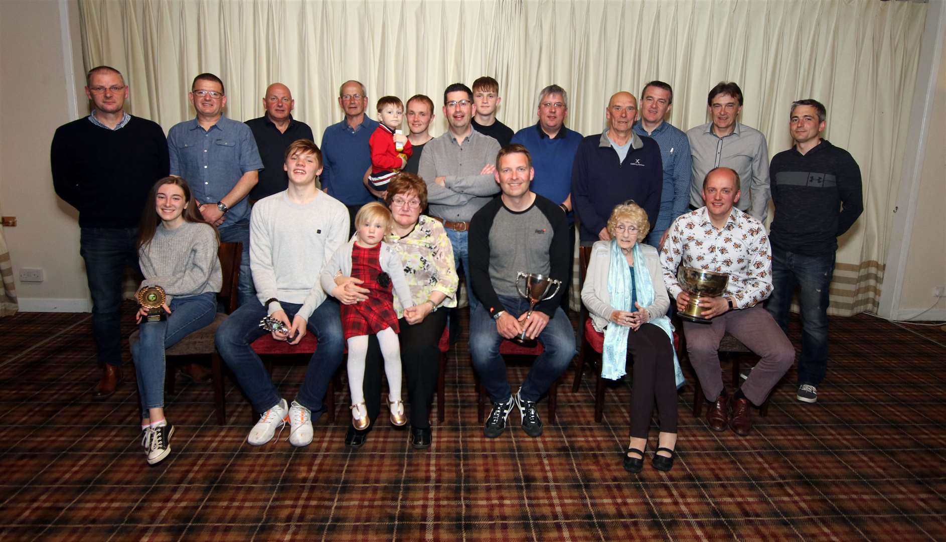 Mackay Golf Challenge trophy winners and other competitors, along with Irene Mackay and Margaret Mackay who presented the trophies. Front (from left): Lucie Green, John Mackay, Irene Mackay, Aly MacKay (overall champion), Margaret Mackay and Andrew Mackay. Picture: James Gunn