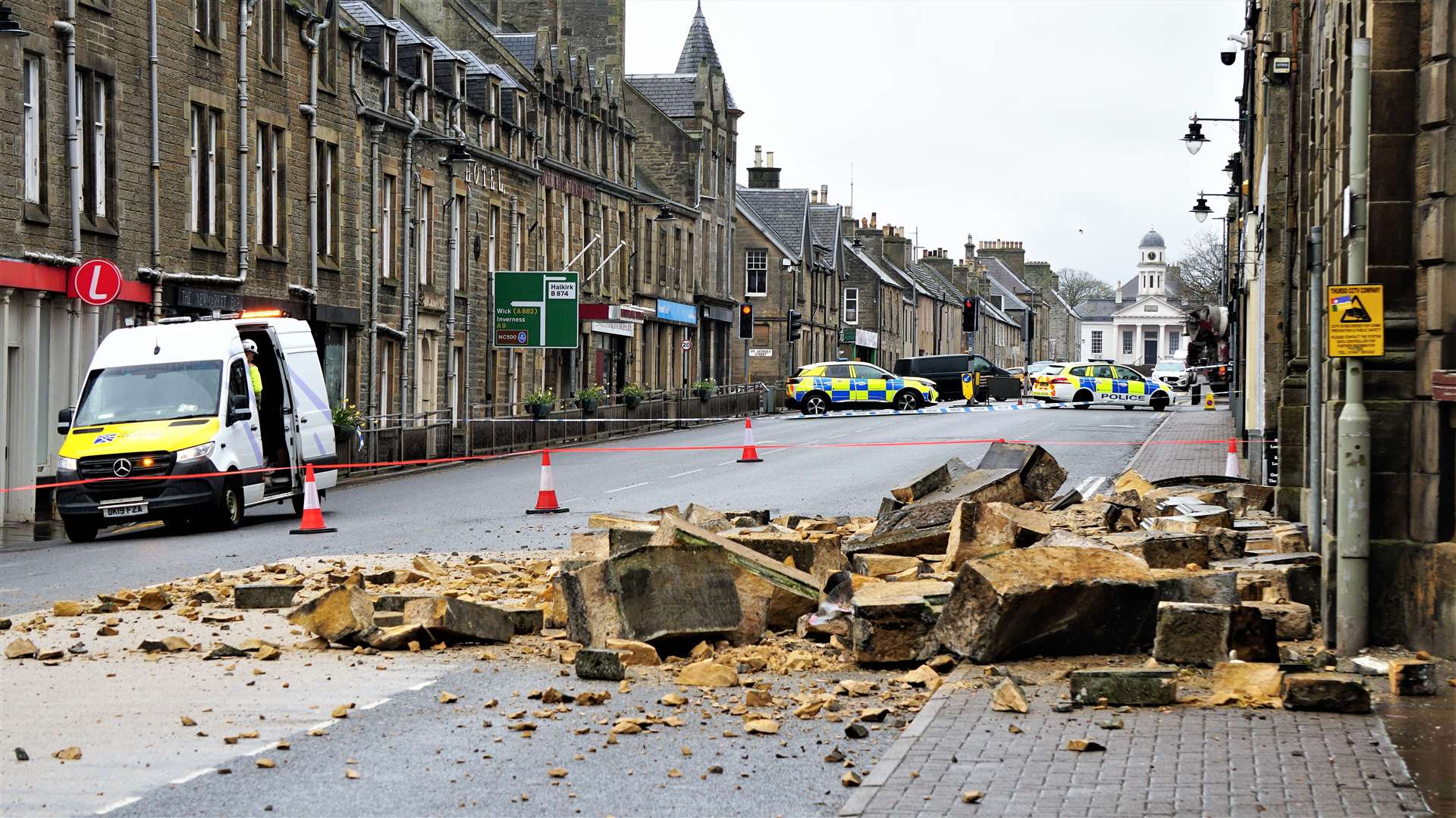 The scene on the morning of May 1 as tons of sandstone blocks lie on Traill Street after a roof parapet collapsed. Picture: DGS