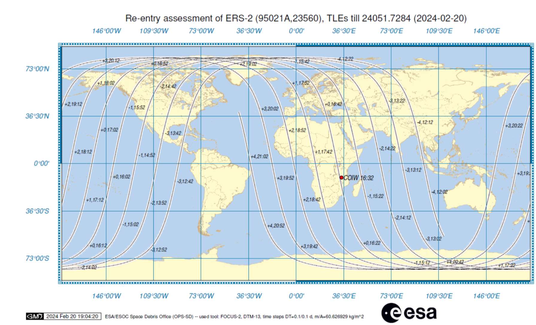 This is the latest available ‘ground track’ of where the satellite may fall (ESA/PA)
