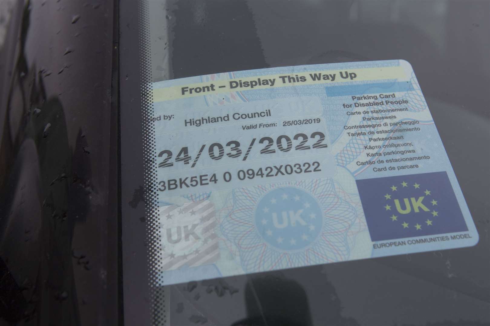 The expired disablity parking card that earned Halkirk man John O'Donnell, Marrbank, Camilla St, Halkirk, a parking ticket shortly after his wife died. Photo: Robert MacDonald/Northern Studios