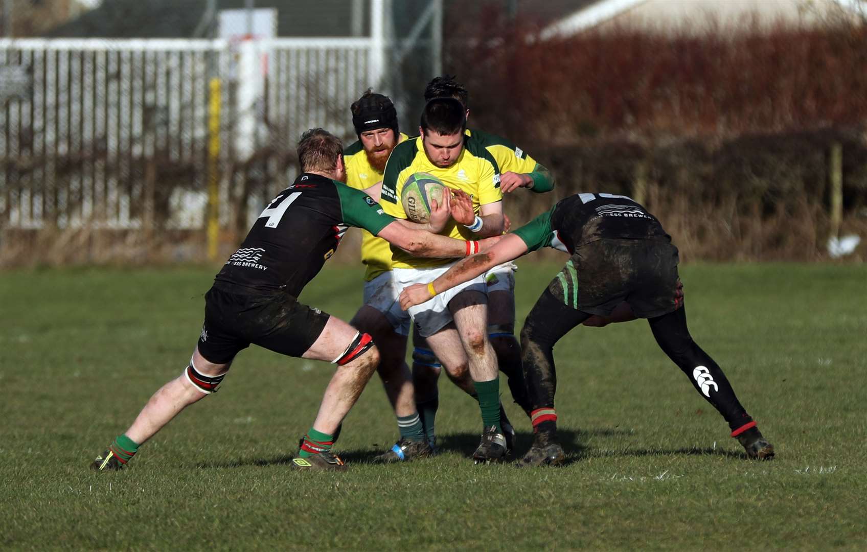 Ryan Cormack finds his path is blocked during the Yellows' encounter with Highland 3rd XV at Millbank. Picture: James Gunn