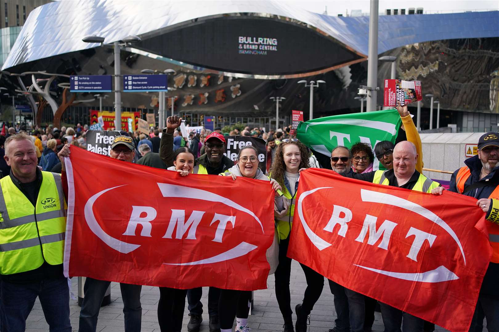 Rail workers on the picket line outside the Bullring and Grand Central in Birmingham (Jacob King/PA)