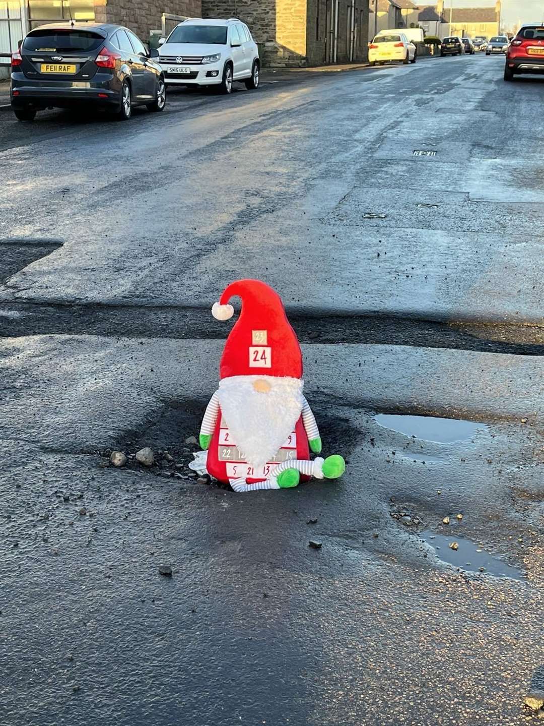 Eswyl Fell took this picture of a Santa gonk in a pothole on Girnigoe Street in Wick.