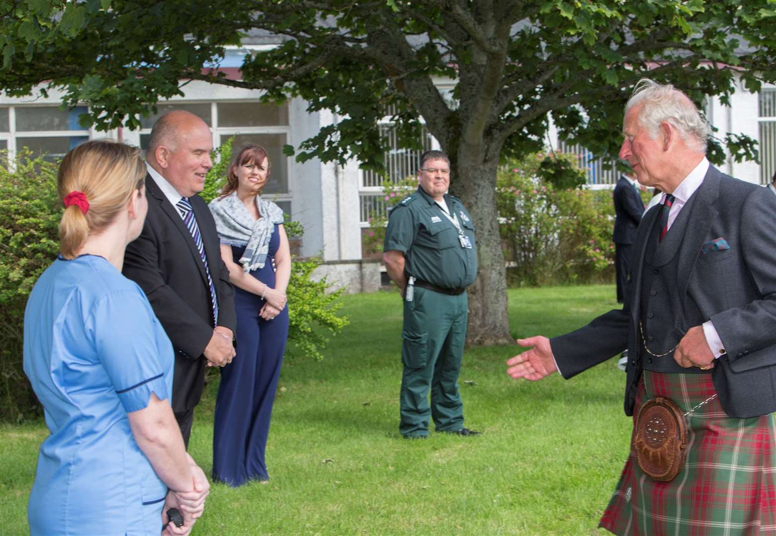 Being introduced to Prince Charles during Friday's visit are (from left) Linda Macdougall, senior district nurse covering the Canisbay/John O'Groats area; Chris Mackenzie, who is in charge of the Caithness Mental Health Support Group, including Stepping Stones, Thurso, and The Haven, Wick; Lesley Campbell, who was seconded from her job as a CPN to manage the Covid-19 assessment centre; and Graham Cormack, area service manger for the Scottish Ambulance Service. Picture: Robert MacDonald / Northern Studios
