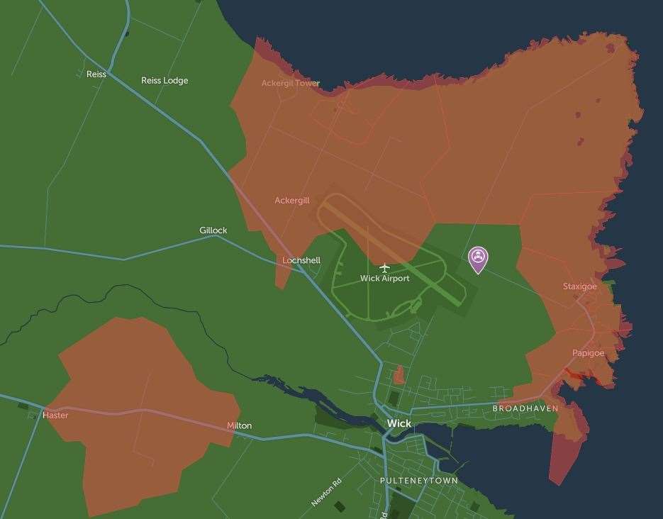 The area (in red) that SSEN's Powertrack website was saying was affected by one of the power cuts on Sunday morning. Picture: SSEN.