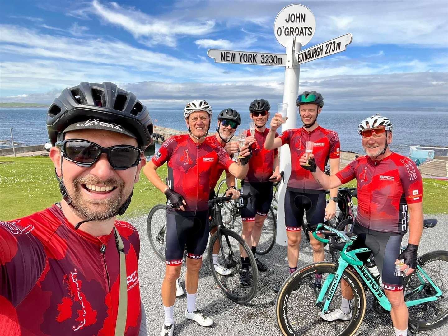 Members of the South Peaks Cycling Club Dan Swain, Chris Housley, Tim Dixon, John Holmes, Carl Jennison make it to John O'Groats after their charity Lejog journey on Tuesday afternoon.