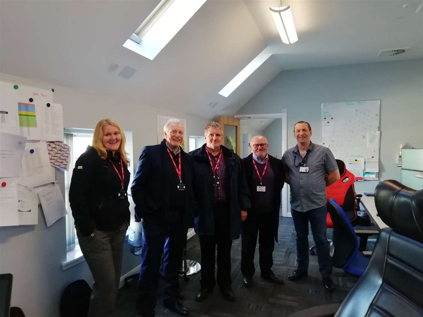 Visiting the Beatrice Offshore Windfarm Ltd facility in Wick are (from left) Helen Martin, STUC assistant general secretary; Grahame Smith, STUC general secretary; John Deighan and Davie Alexander of Thurso and Wick Trades Union Council; and Alan Paul, of SSE.
