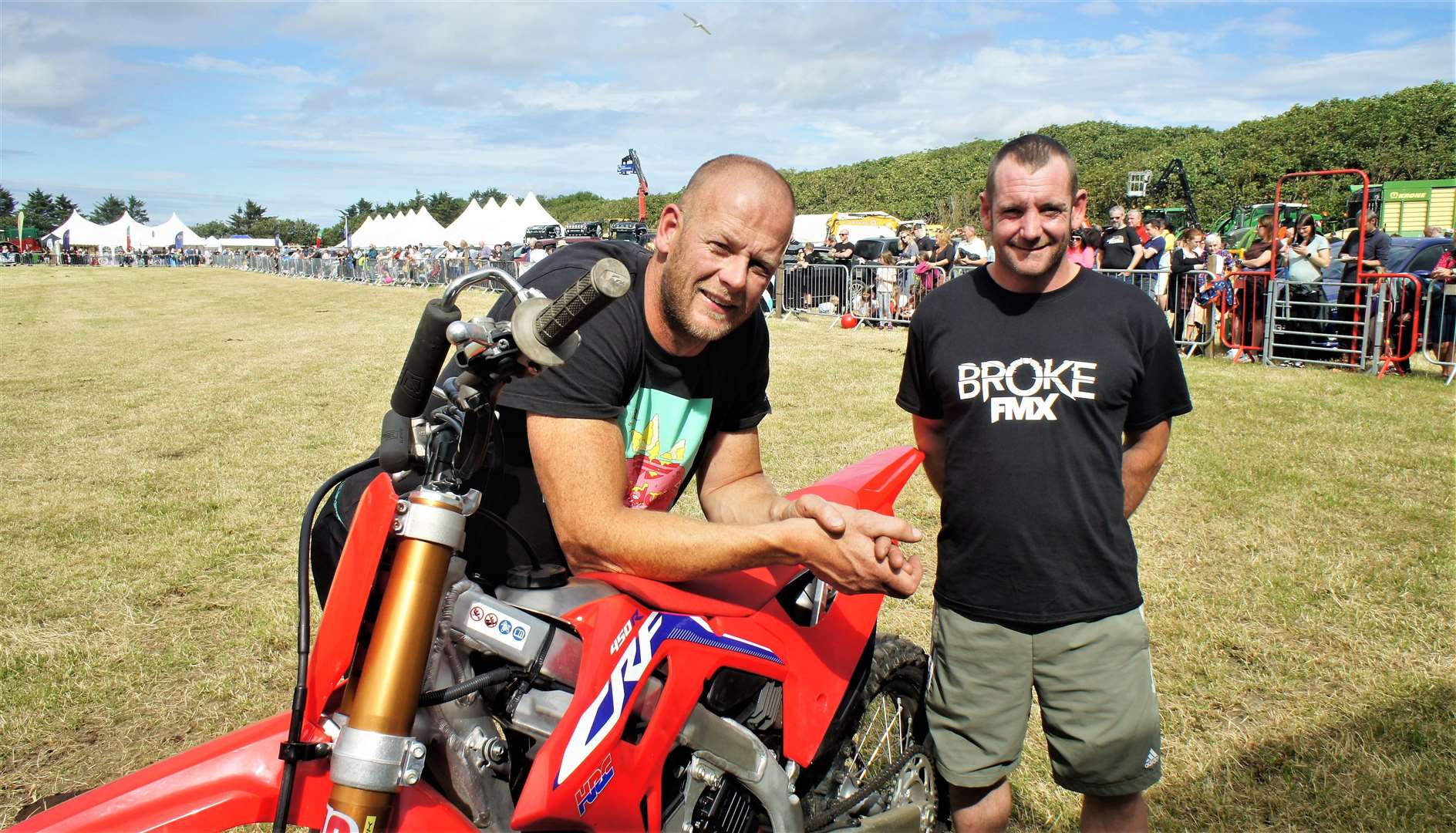 Stunt motorcyclist John Pearson of Broke FMX with safety manager James Love in the main ring at Thurso East. Picture: DGS