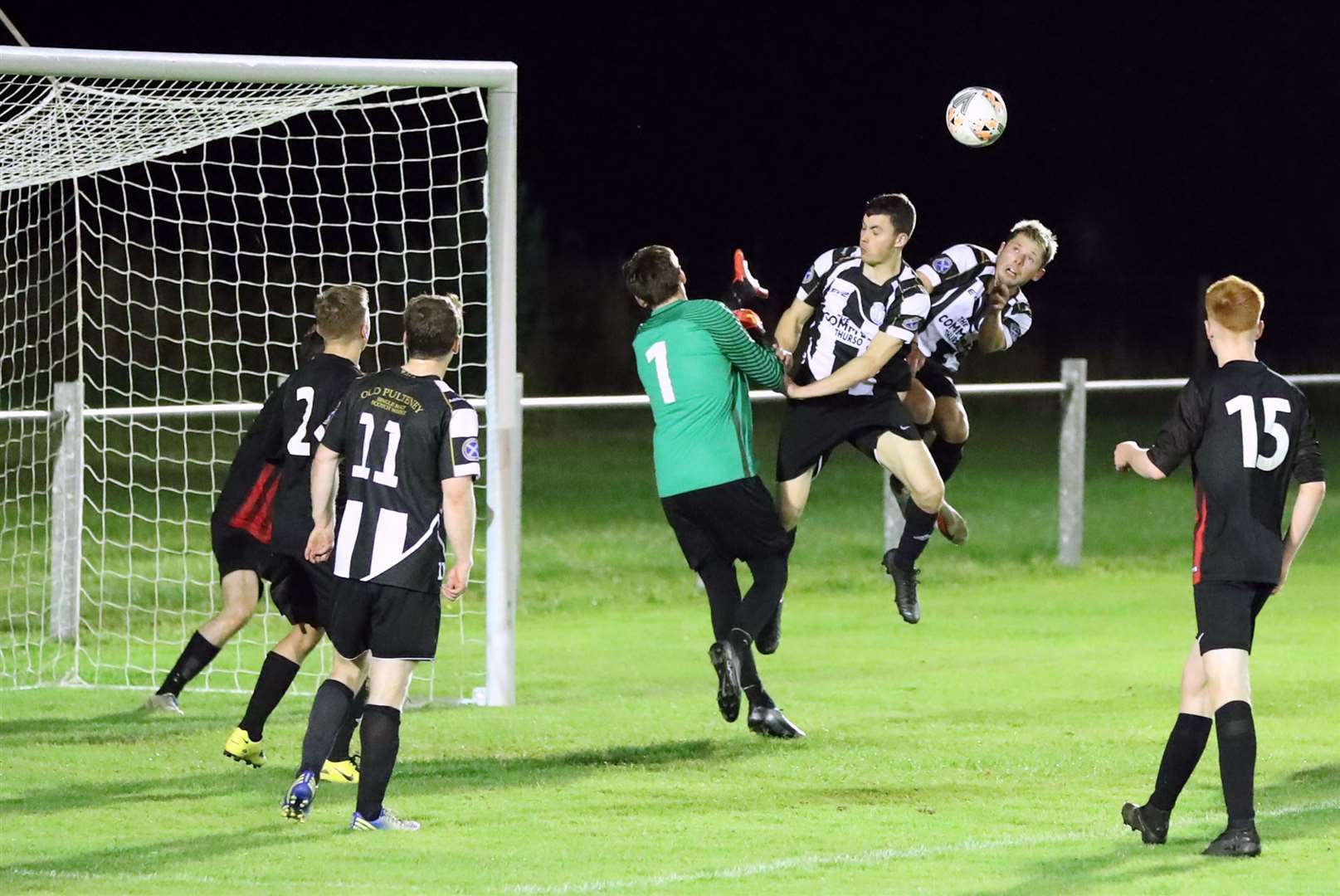 The Anglers competed well in last week's friendly at home to Wick Academy at Morrison Park. Here, Wick's Jack Henry leaps for a corner only to see his header go wide. Picture: James Gunn