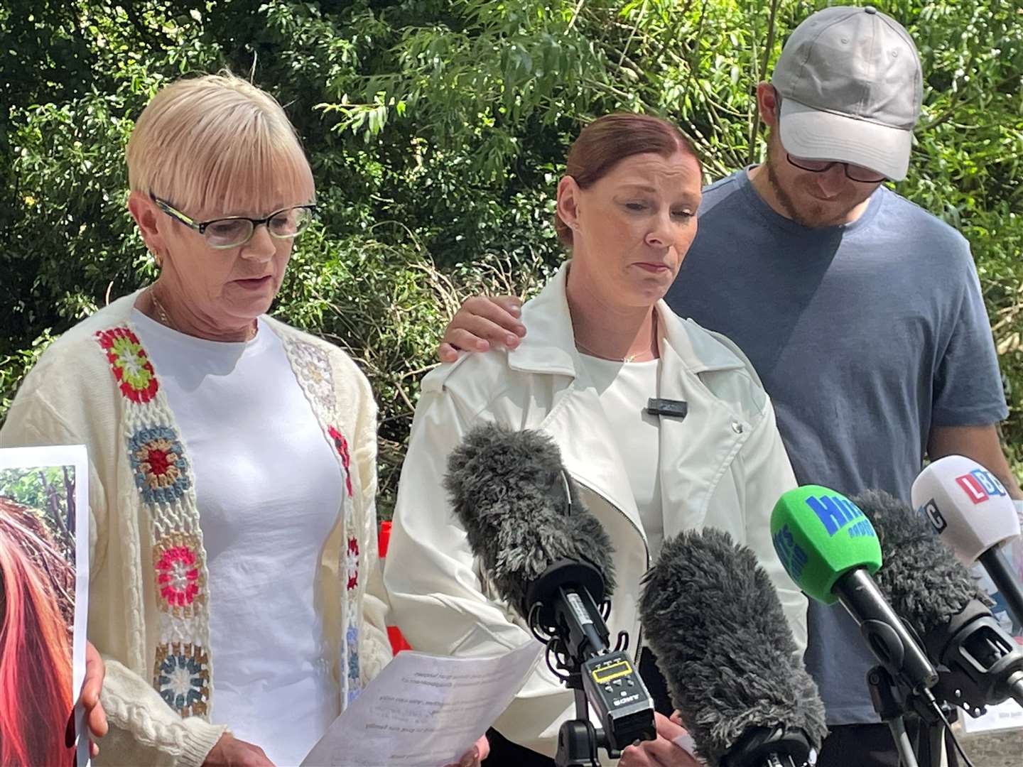 Relatives of missing Coventry woman Reanne Coulson, including her mother Lynne Sparkes (left) and her twin sister Kirsten Coulson (centre), appeal for information at a press conference in Binley Woods, near Coventry (Matthew Cooper/PA)