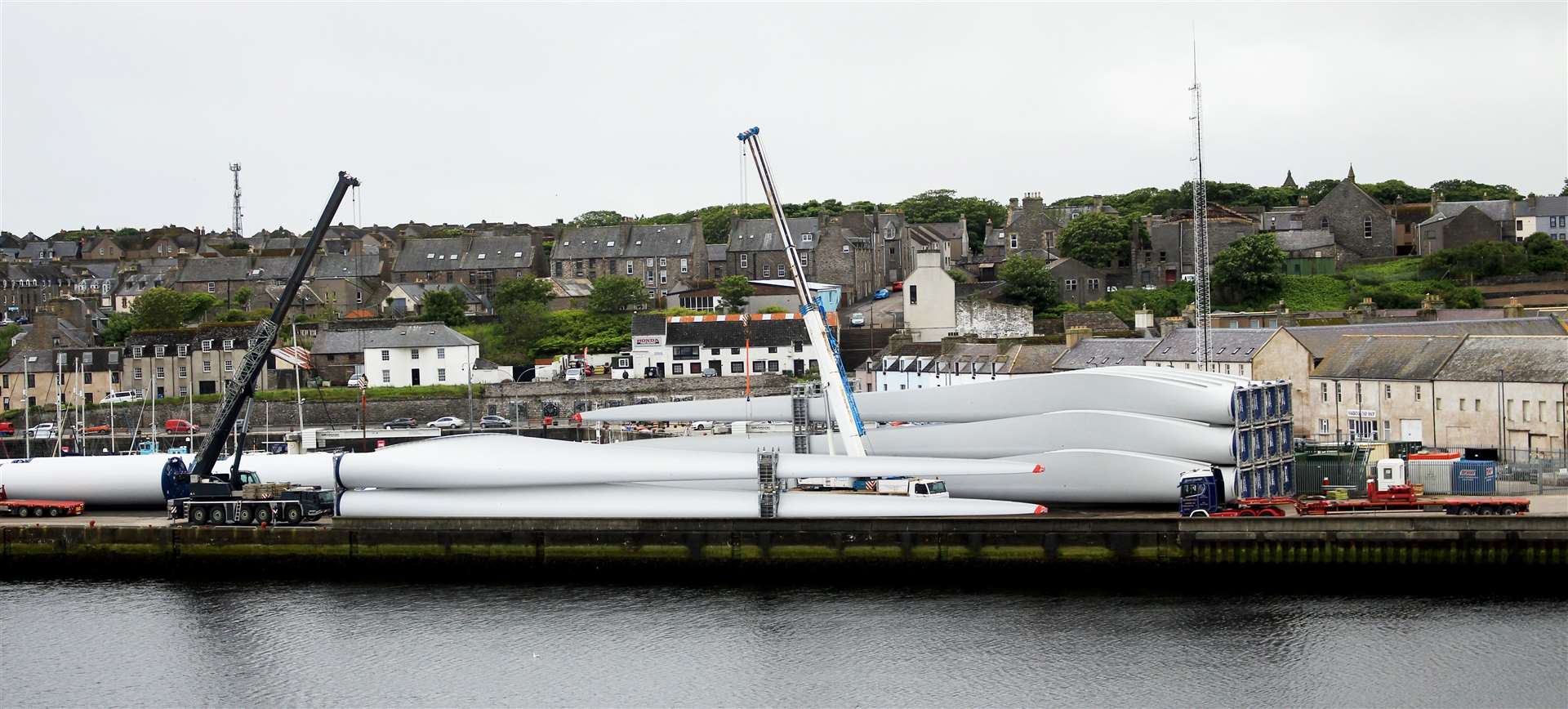 Turbine parts at Wick harbour last month, ready to be transported to the Camster II wind farm site. Picture: Alan Hendry